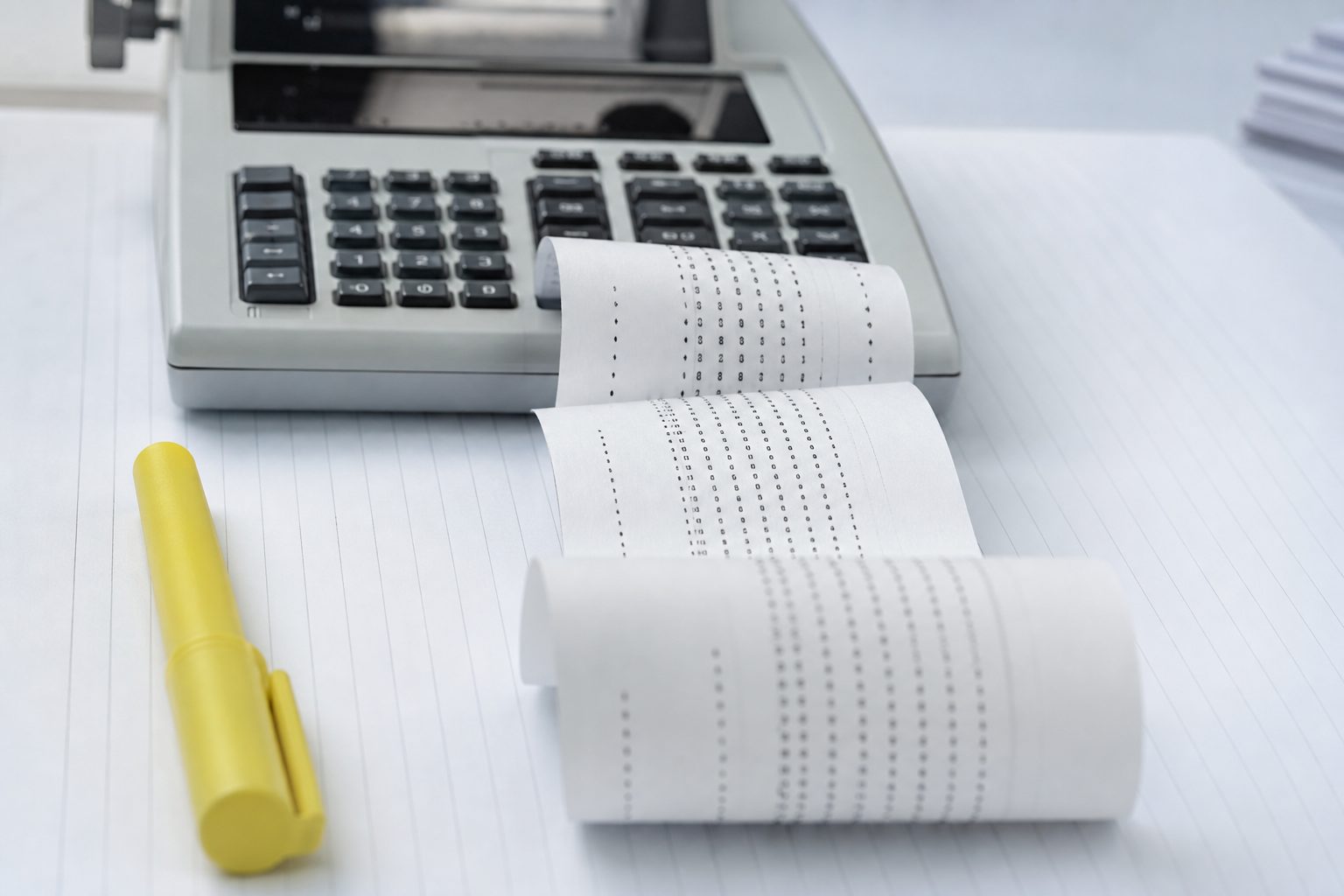 A desk calculator with printed tape curling across ruled paper next to a yellow marker on white