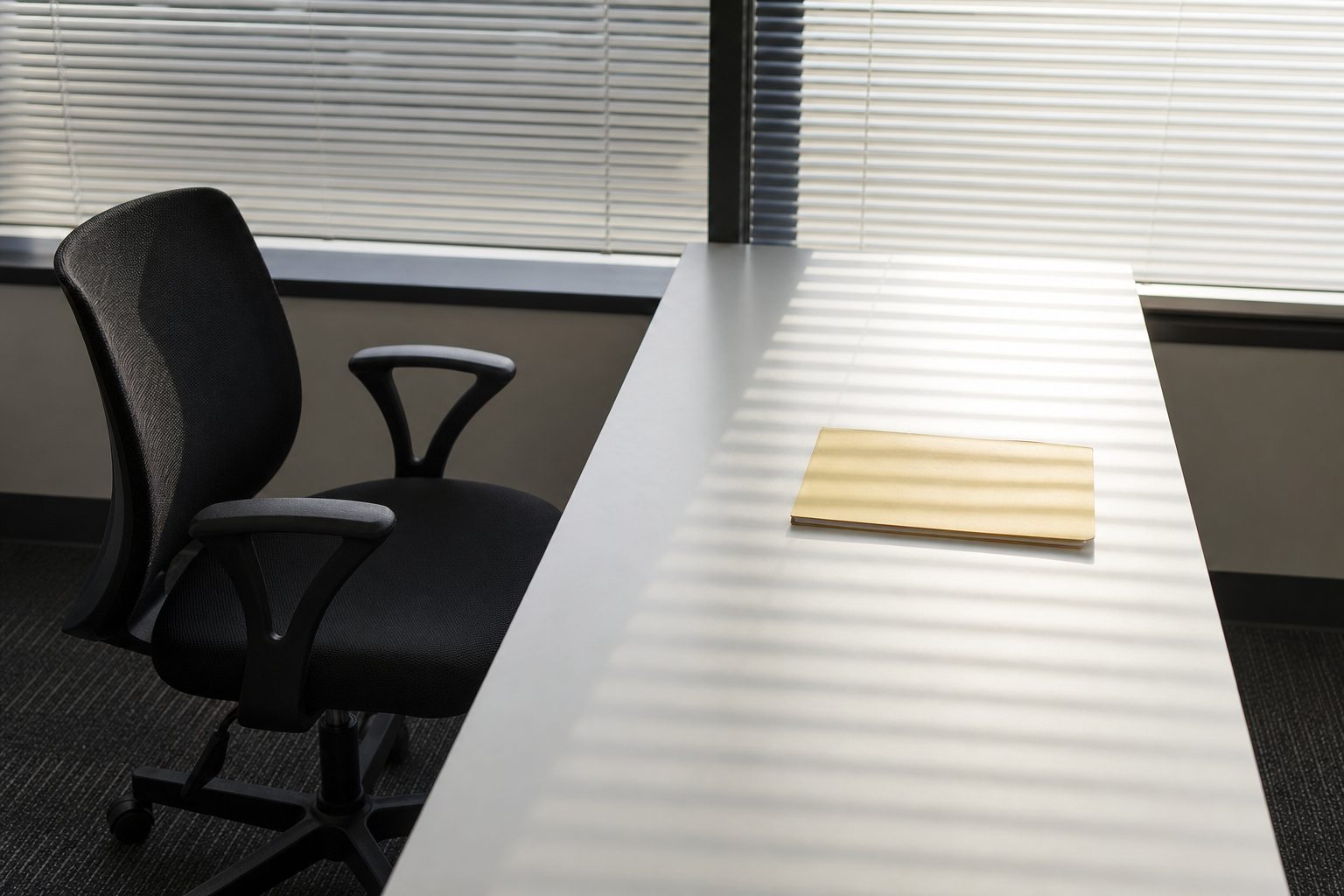 An empty desk chair pushed to a bare white workstation with a yellow folder left on the surface