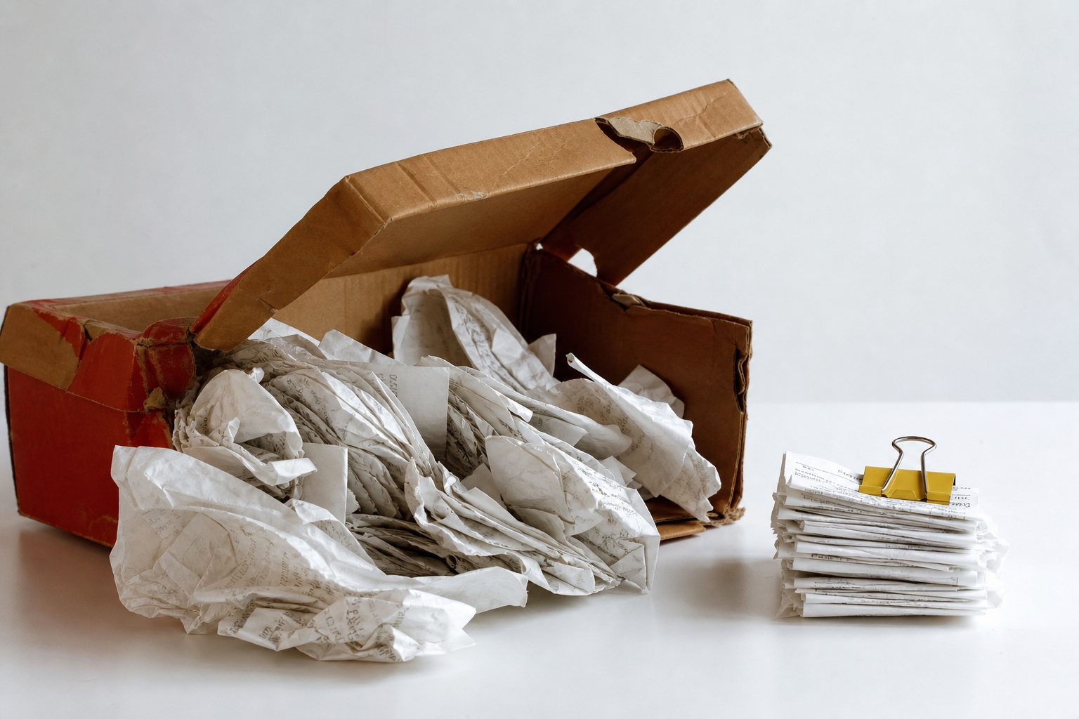 A shoebox spilling crumpled receipts onto a clean white table beside a sorted stack and yellow clip