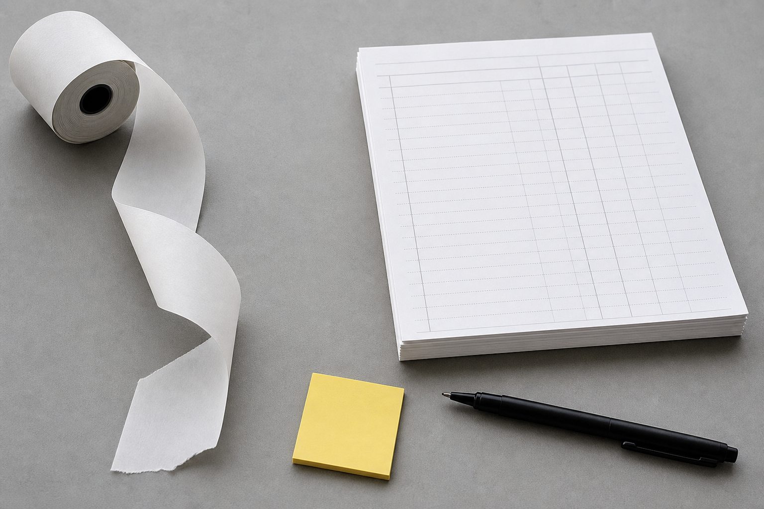 Overhead view of a curled receipt tape, ledger sheets, a black pen, and one yellow sticky note on a white desk