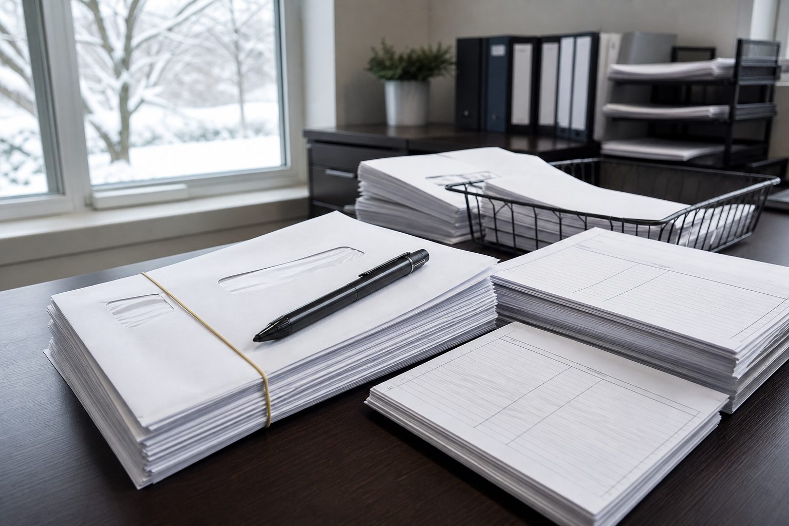 Stacked window envelopes and blank tax forms squared on a white desk beside a yellow rubber band and pen