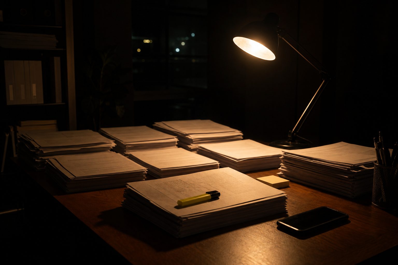 A late evening desk with sorted document piles, a phone face up, and a yellow highlighter on white