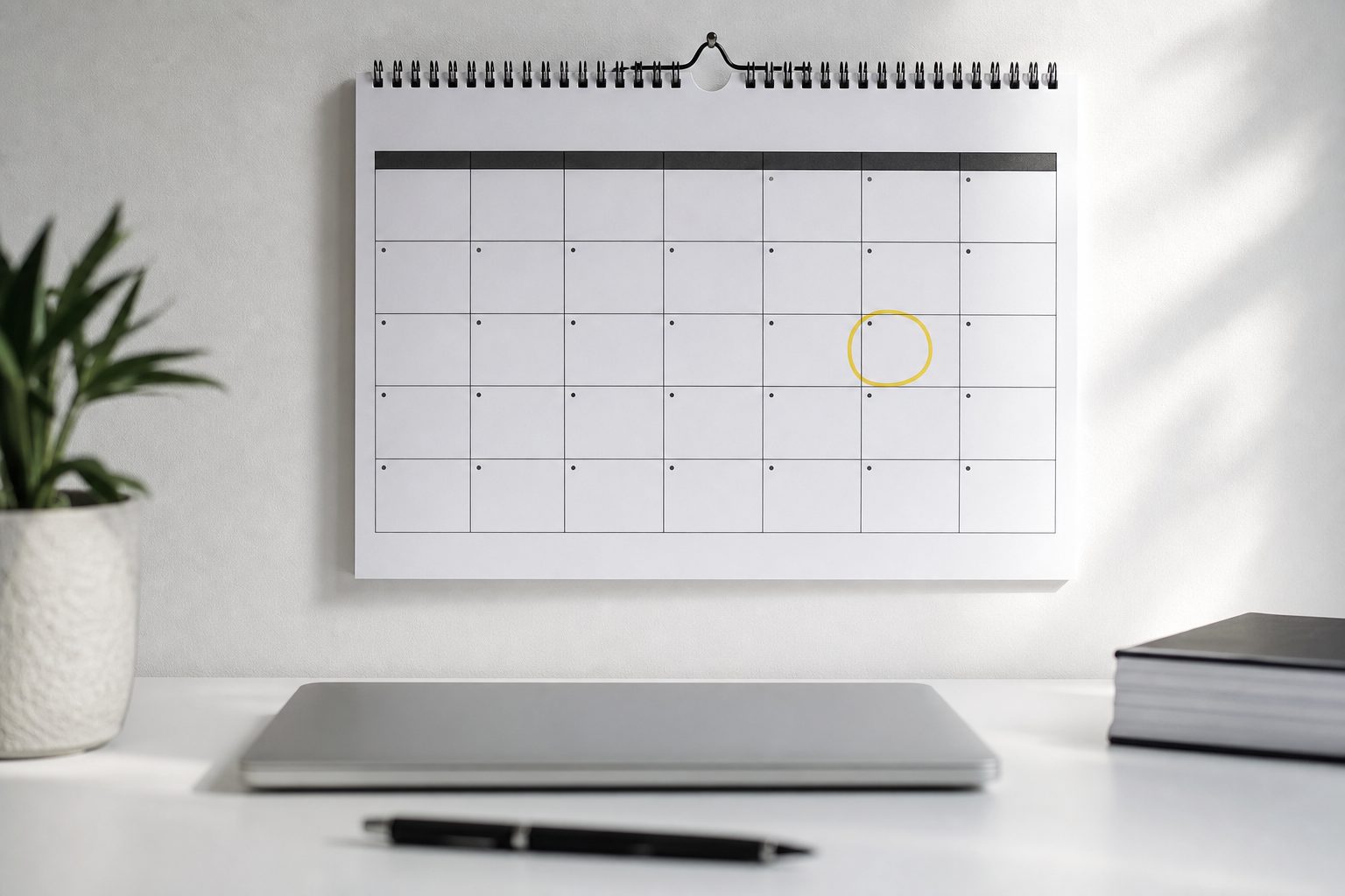 A wall calendar page with the fifth business day circled in yellow above a tidy white desk and pen