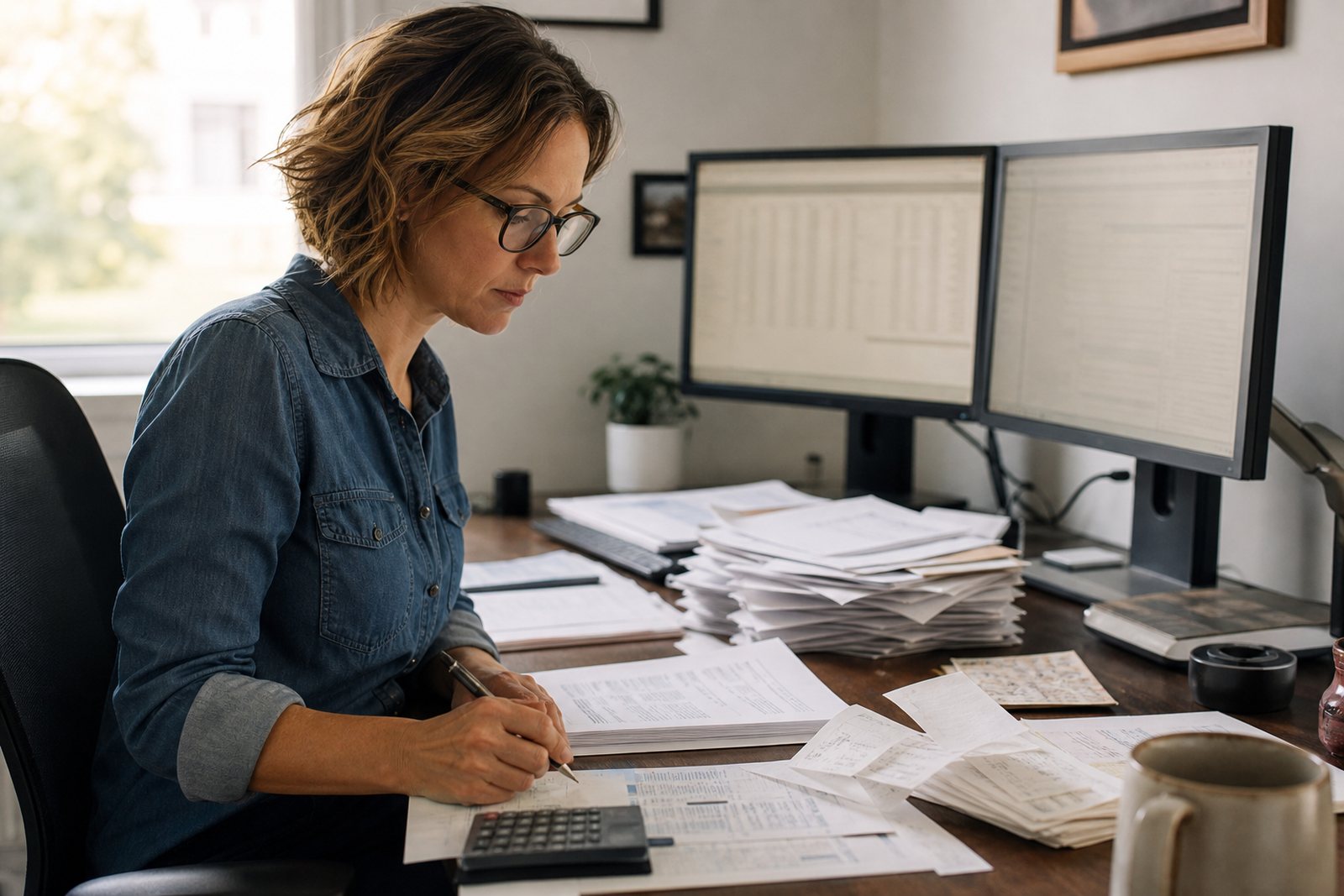 Bookkeeper at a dual monitor home office desk sorting a stack of client receipts next to a calculator in morning light