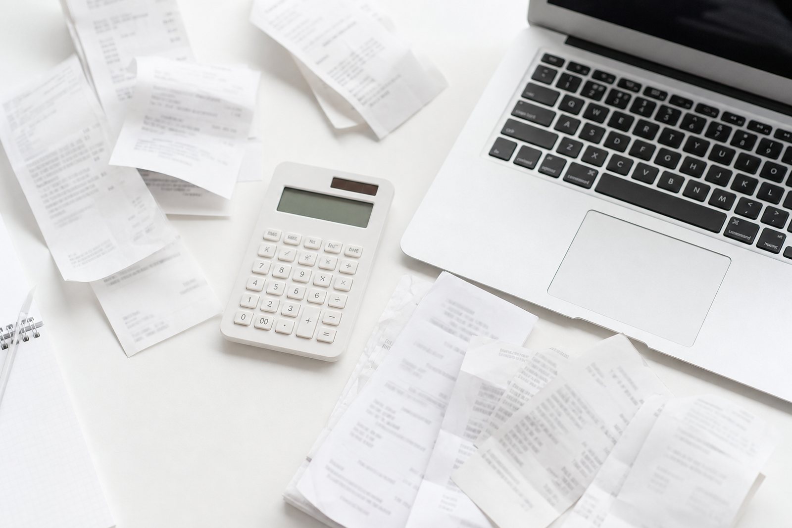 Overhead view of paper receipts spread across a white desk beside a calculator and a laptop keyboard